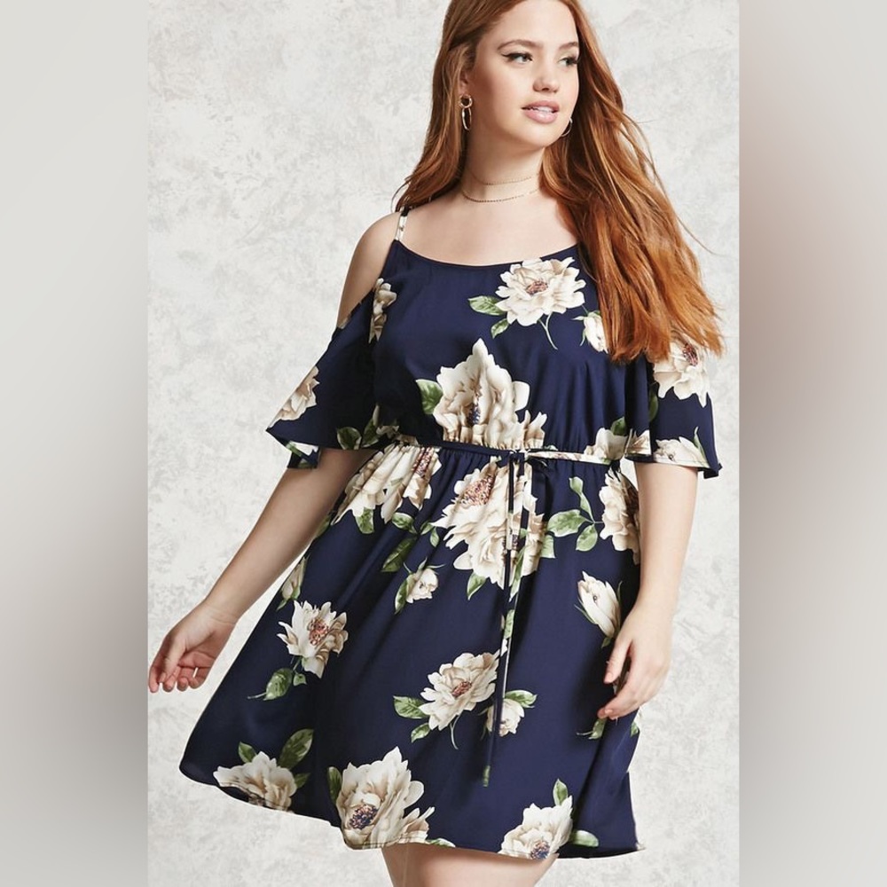 Forever 21+ Dark Blue & White Floral Cold Shoulder Dress